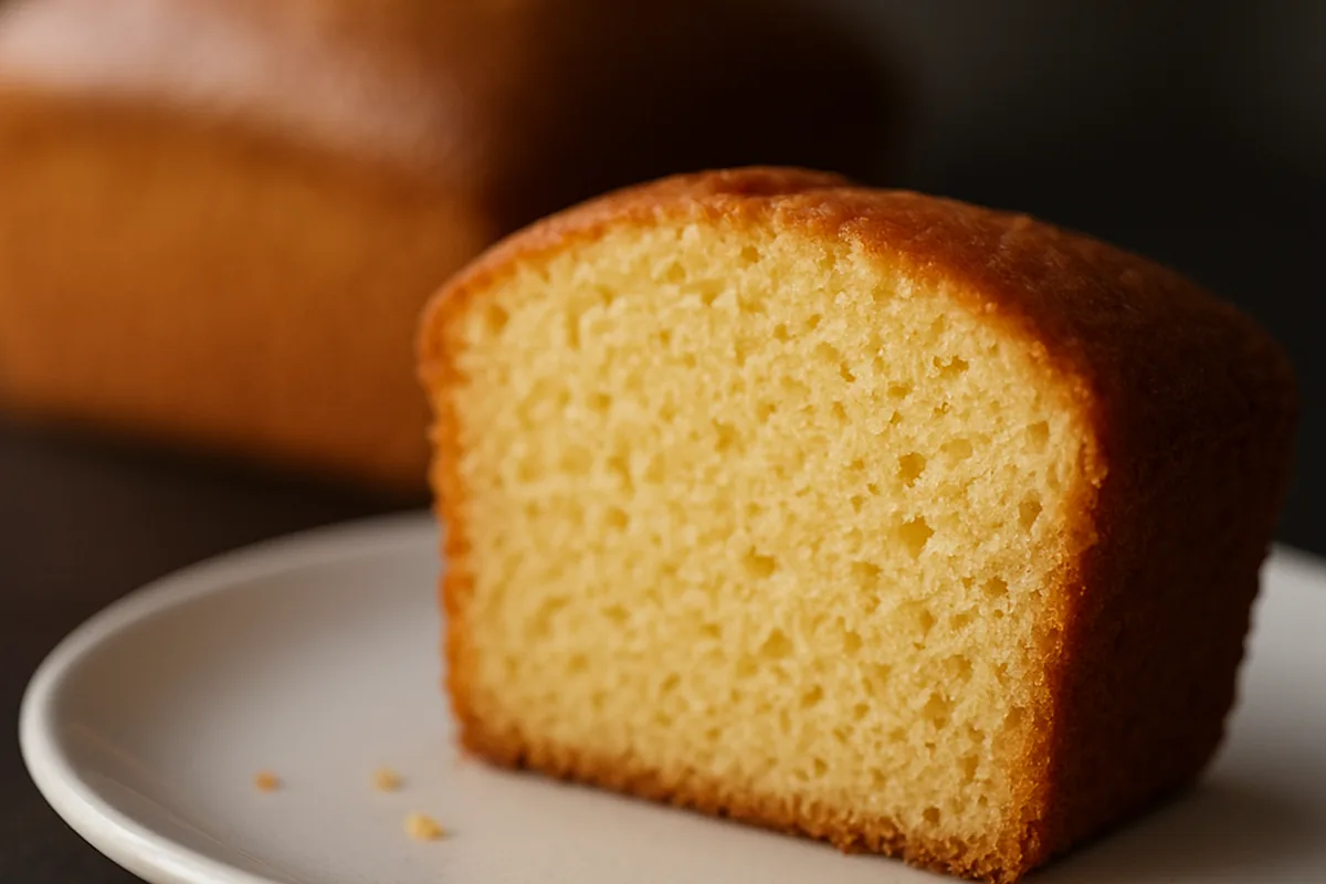 Tranche de gâteau nature moelleux à la mie dorée sur une assiette