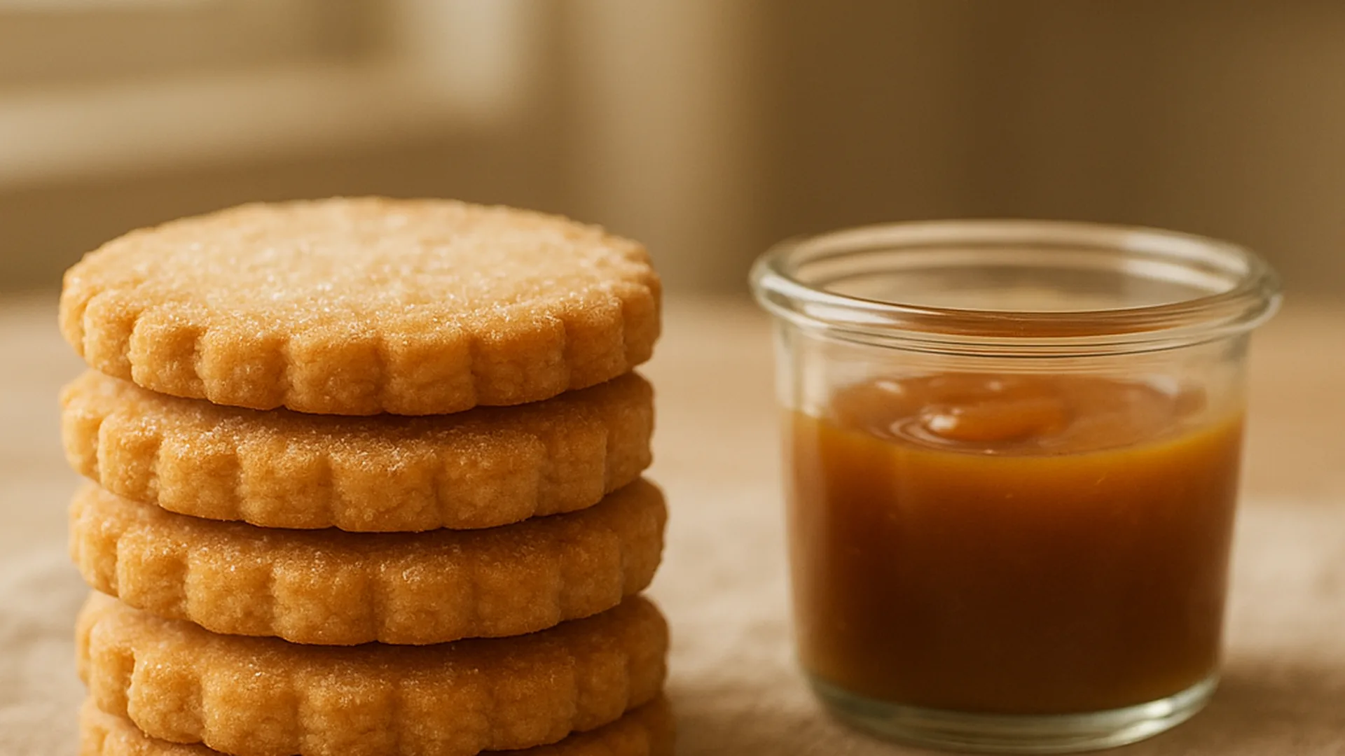 Galettes charentaises dorées et pot de caramel sur une table en bois