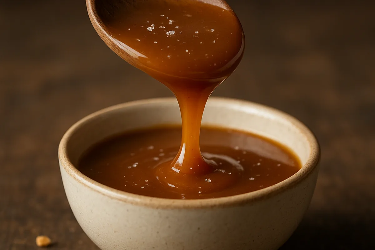 Cuillère en bois versant du caramel ambré dans un petit bol